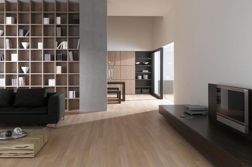 Offene Wohnraumimpression mit Einbauregal für Bücher und Dekoration in Trennwand mit hellem Holzboden